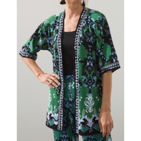 Chico's Medium 1 chicos Cardigan Linen blend Ikat Jacquard Kimono Paisley Boho - Picture 1 of 11